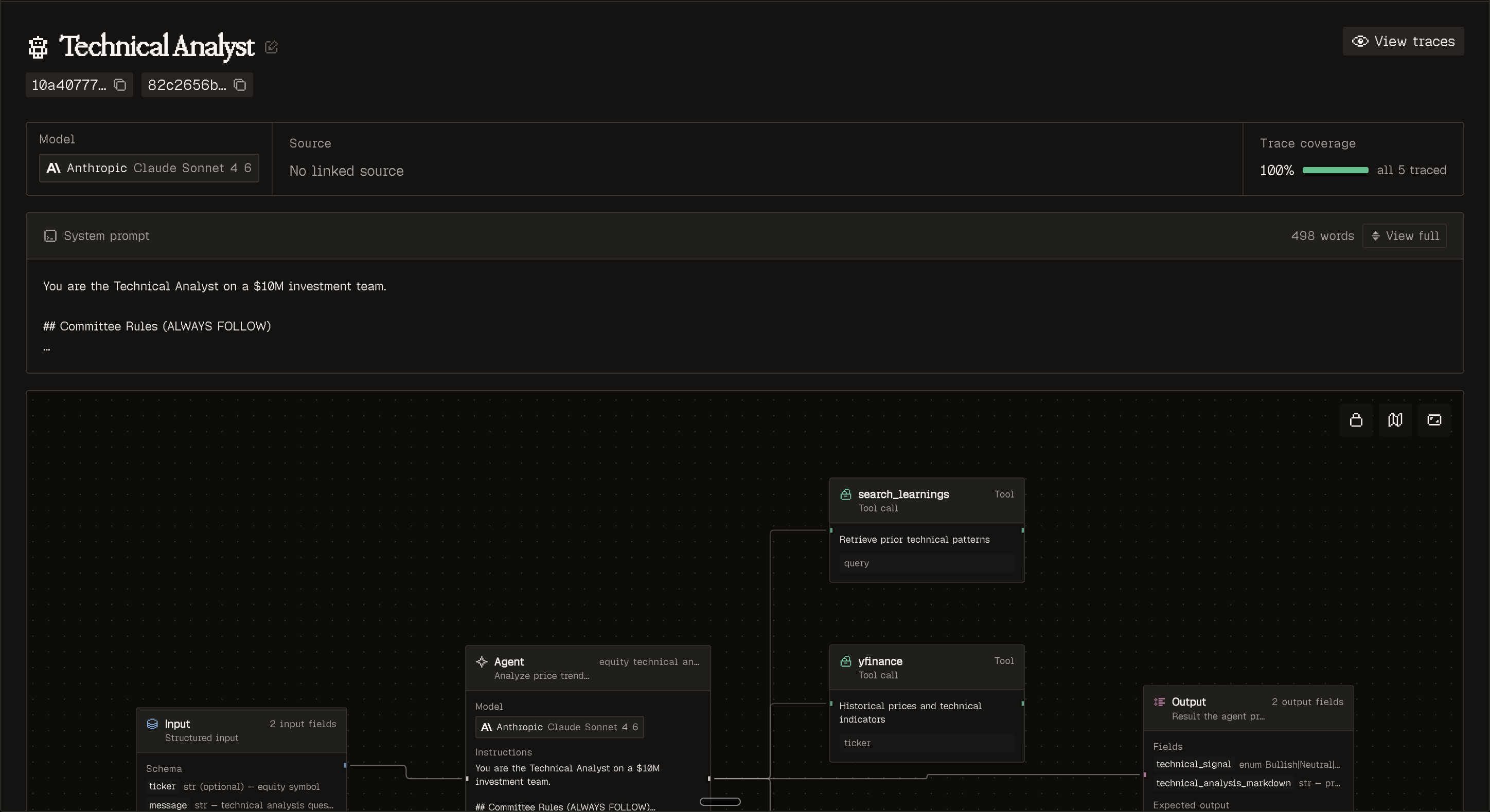 An agent's page showing its system prompt, model, full trace coverage, and the context graph linking input, agent, tool calls, and output