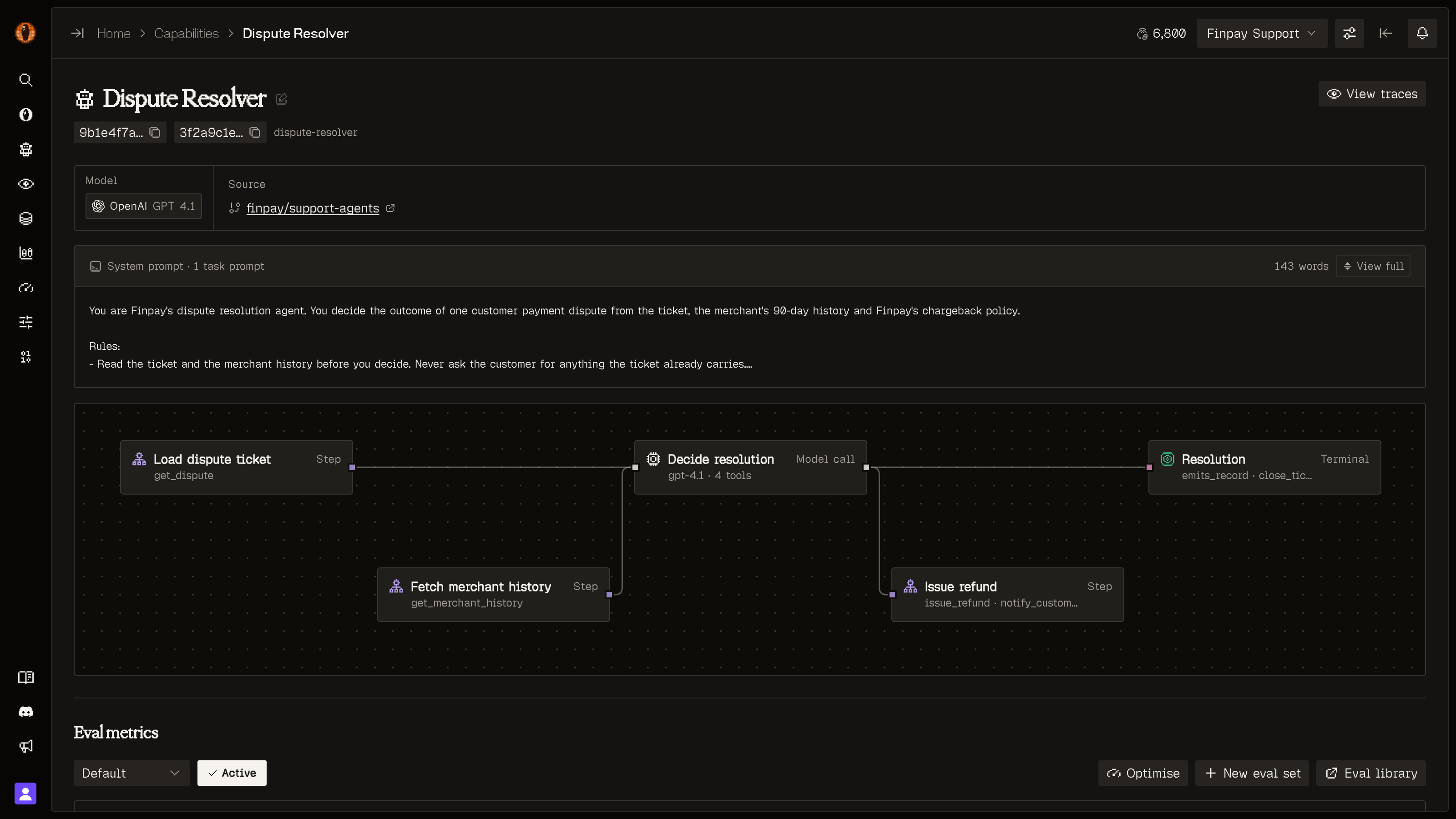 A capability's page showing its model, source repository, system prompt, and the context graph of steps, model calls, and tools mapped from the codebase