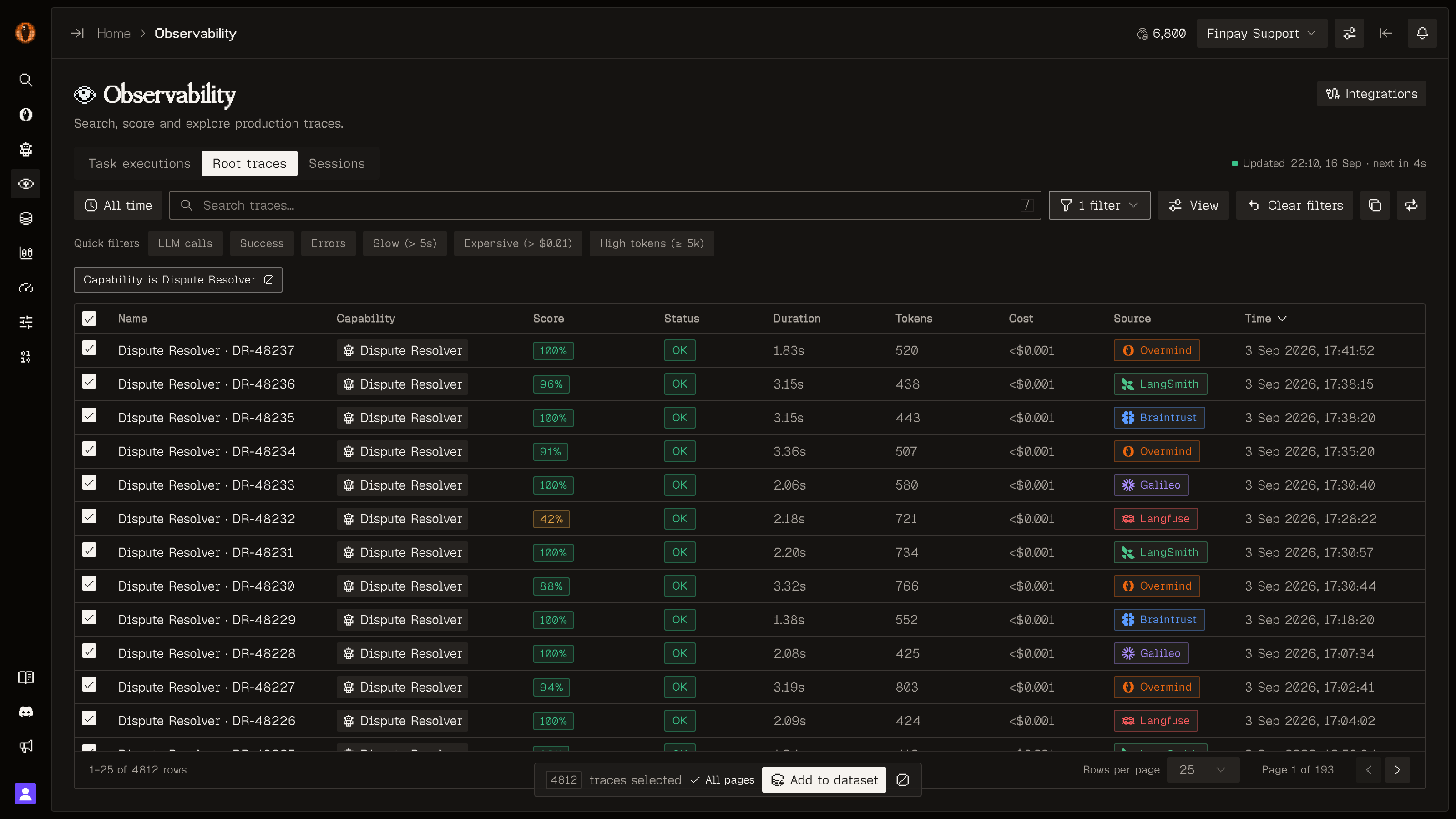 Scored production traces from multiple observability providers selected across all pages, ready to add to a dataset