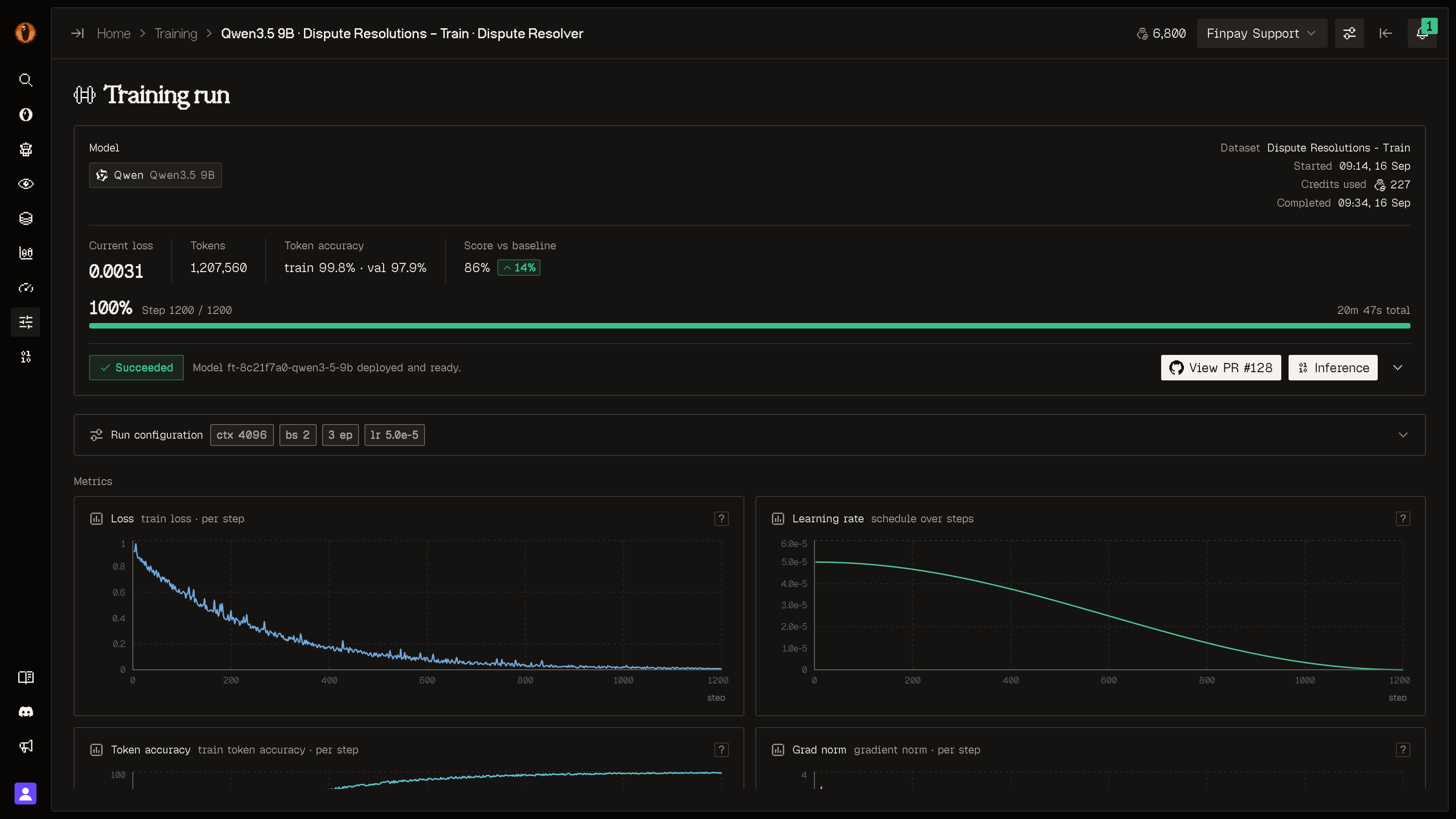 A succeeded training run showing loss, token accuracy, and score versus baseline, with the trained Qwen model deployed and its model-swap pull request open